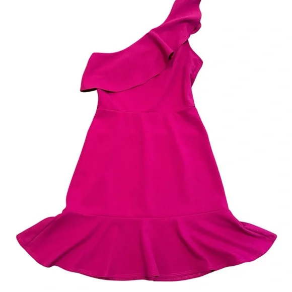 NWT AQUA• Pink Scuba Ruffled One-Shoulder Flounce Sheath Dress XS NEW $88 - Picture 3 of 9